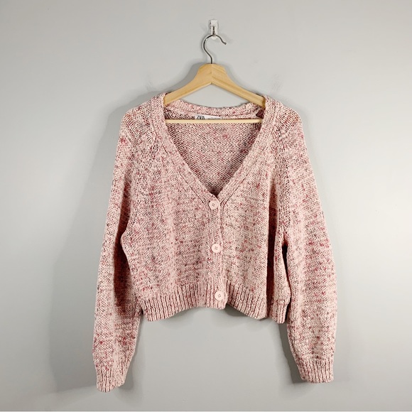 Zara Sweaters - Zara Womens Open Crochet Knit Cardigan Sweater Cropped Top Pink Button Large L